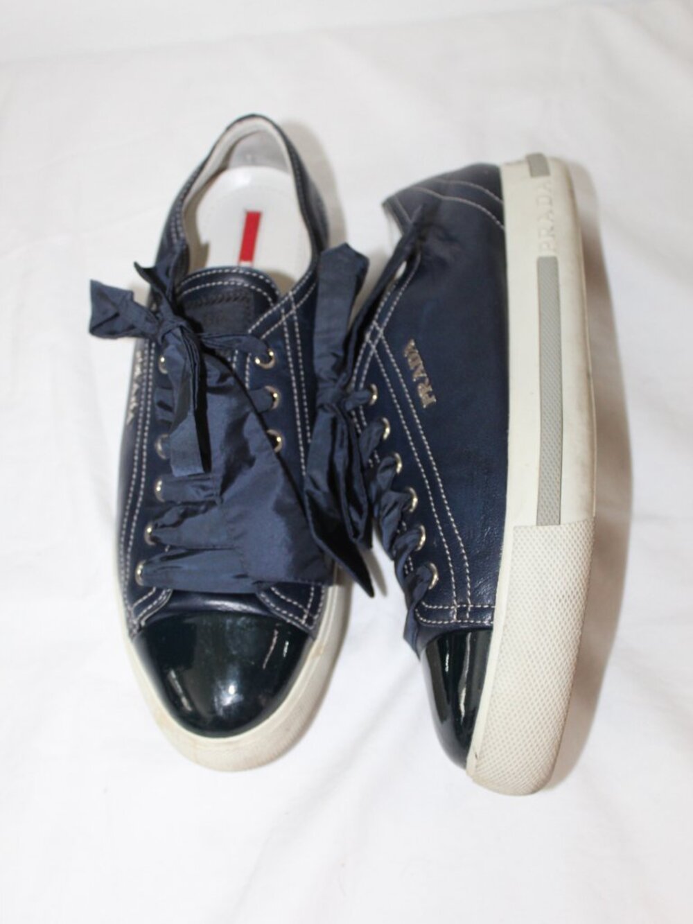 PRADA Navy Blue Patent Cap Toe Leather Lace Up Sneakers Logo Hardware Flats 37.5